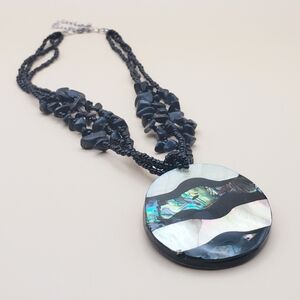 Abalone Shell Inlay Round Disk Pendant Necklace